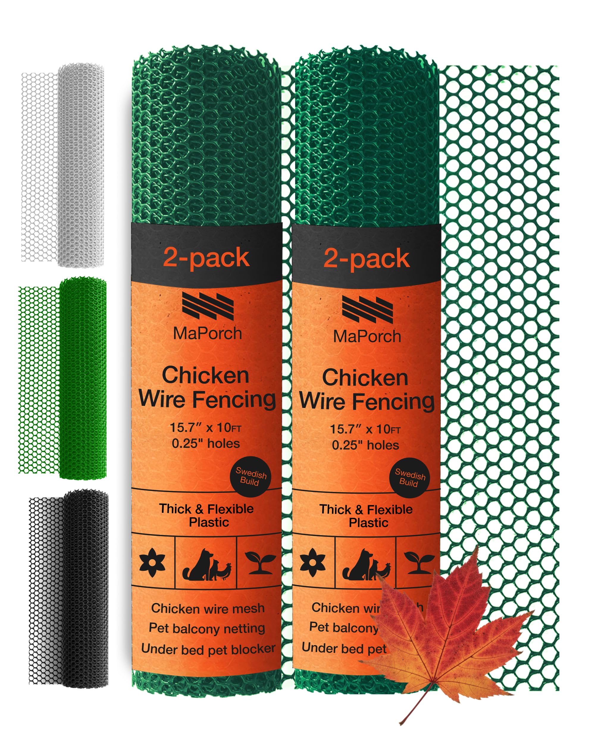 MaPorch Plastic Chicken Wire Mesh Fence - Green Mesh, 15.7 in x 10 ft - Quick-Install Chicken Wire Fencing - Plant Protectors from Animals - Durable Garden Netting - Pet & Poultry Netting (2-Pack) Image