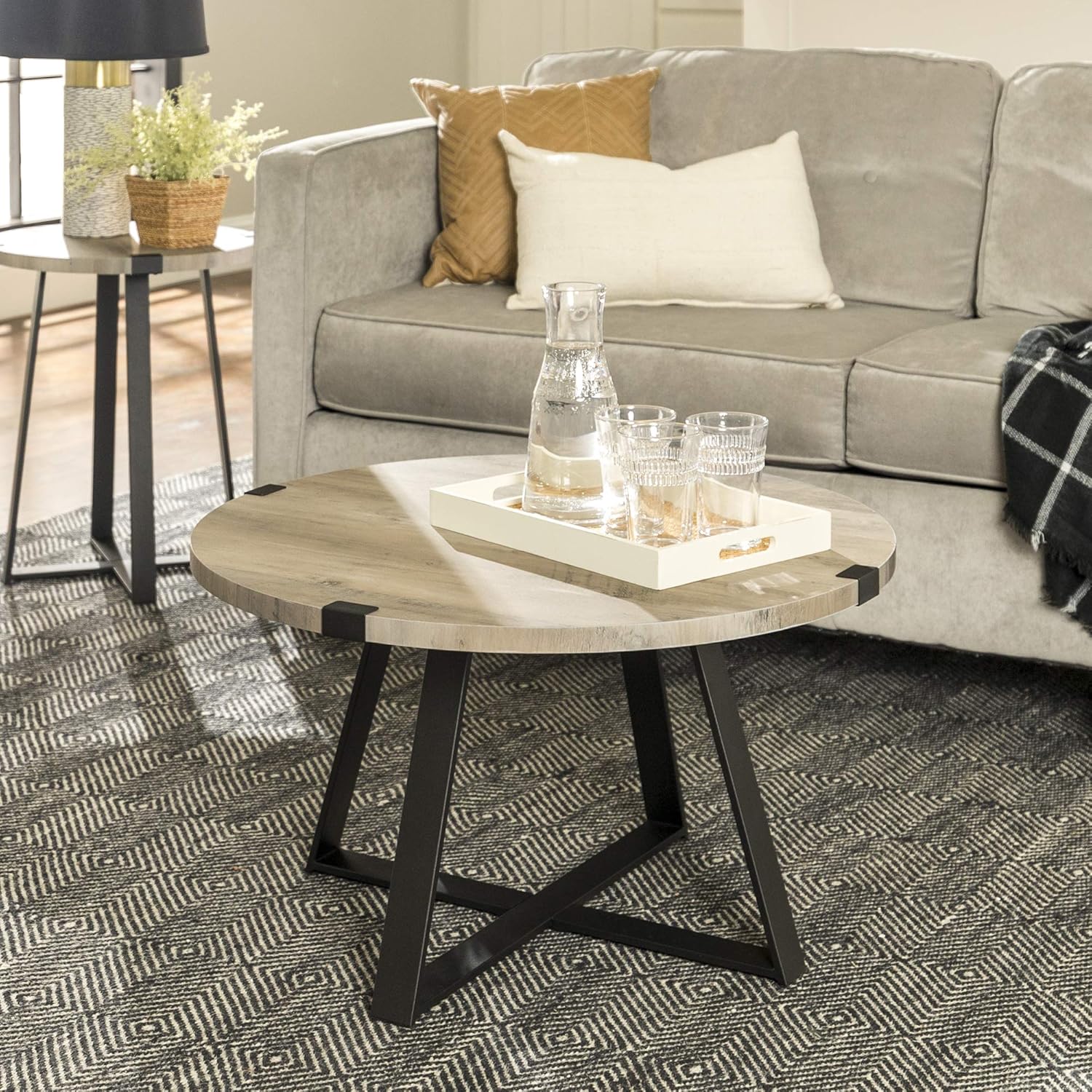WE Furniture Rustic Farmhouse Round Metal Coffee Accent Table Living Room, 30 Inch, Grey, Black: Furniture & Decor