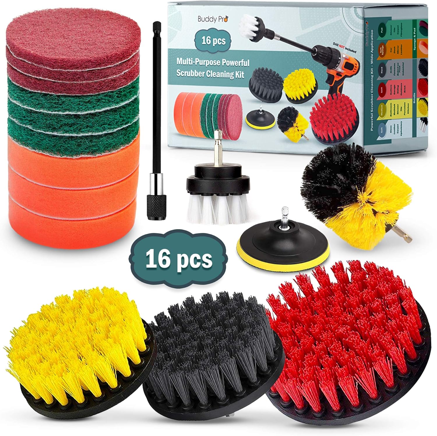 16 Piece Drill Brush Attachments Set, 5 Inch Scrub Pads & Sponge, Buddy Pro Power Scrubber Brush