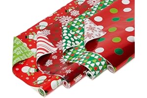 American Greetings 120 sq. ft. Reversible Green and Red Christmas Wrapping Paper Bundle, Polka Dots, Trees, Snowmen and Snowflakes (4 Rolls 30 in. x 12 ft.)