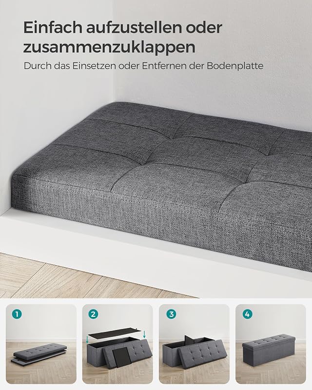 Sitzhocker mit Stauraum, klappbare Sitzbank, 38 x 110 x 38 cm Fußbank, Aufbewahrungsbox, bis 300 kg belastbar, für Wohnzimmer Schlafzimmer Flur, schiefergrau LSF77K