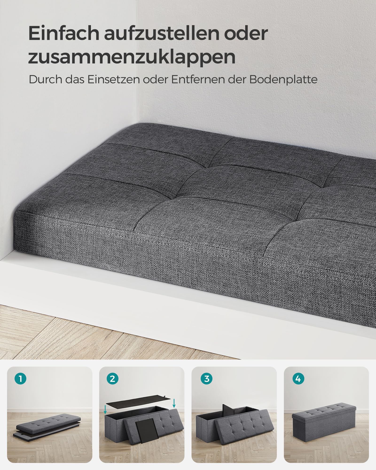 SONGMICS Sitzhocker mit Stauraum, klappbare Sitzbank, 38 x 110 x 38 cm Fußbank, Aufbewahrungsbox, bis 300 kg belastbar, für Wohnzimmer Schlafzimmer Flur, schiefergrau LSF77K 5