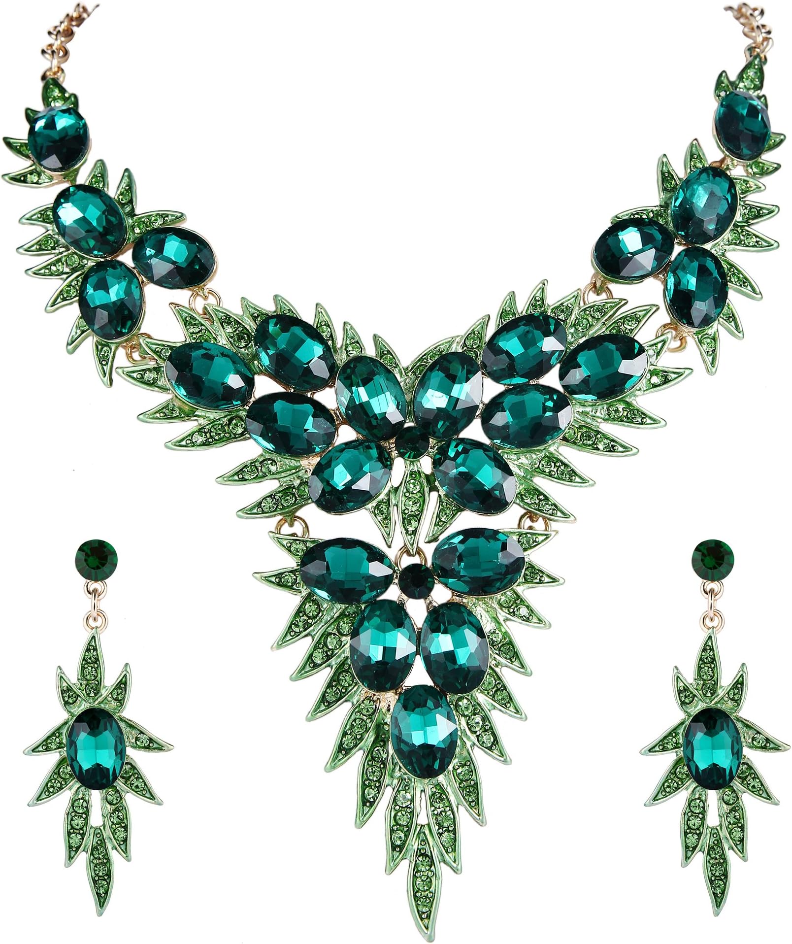 Women's Wedding Bridal Crystal Multi Leaf Cluster Statement Necklace Dangle Earrings Set Green Gold-Tone