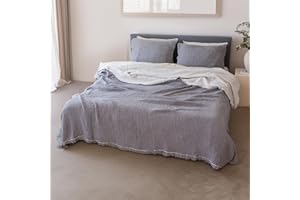 Viva Maison Muslin Bedspread & Pillowcases Set of 3 Queen Size 91x95, Pure 100% Turkish Cotton Muslin Quilt Sets Two Tone with Fringed (Gray, Queen Size: 91 x 95 Set-3)