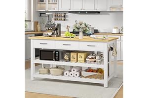 DynJest 60" Solid Rubberwood Kitchen Island with Power Outlets - Extra Large Work Surface, 3 Drawers & 2 Open Shelves Storage Cabinet for Kitchen Dining Room, Farmhouse Style (White)