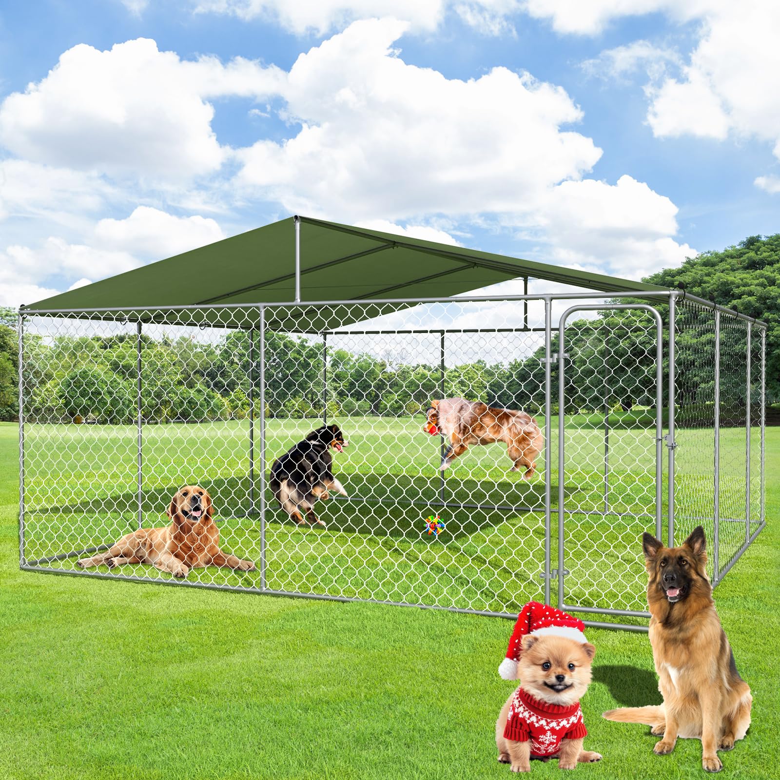 Photo 1 of Yafylly 15x15 Extra Large Outdoor Dog Kennel with Roof, Dog Kennel Outside with Waterproof Cover, Heavy Duty Dog Run Fence with Lockable Door, Covered Dog Playpen for Large Dogs