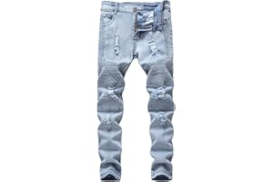 FREDD MARSHALL Boy's Stylish Moto Biker Skinny Ripped Wrinkled Stretch Fit Denim Jeans
