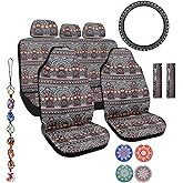 Frienda Baja Saddle Blanket Car Seat Covers Full Set Multicolor Stripe Boho Steering Wheel Cover Seat Belt Pads Crystal Hanging Ornament Automotive Interior Universal Fit Most Cars(Boho Style)