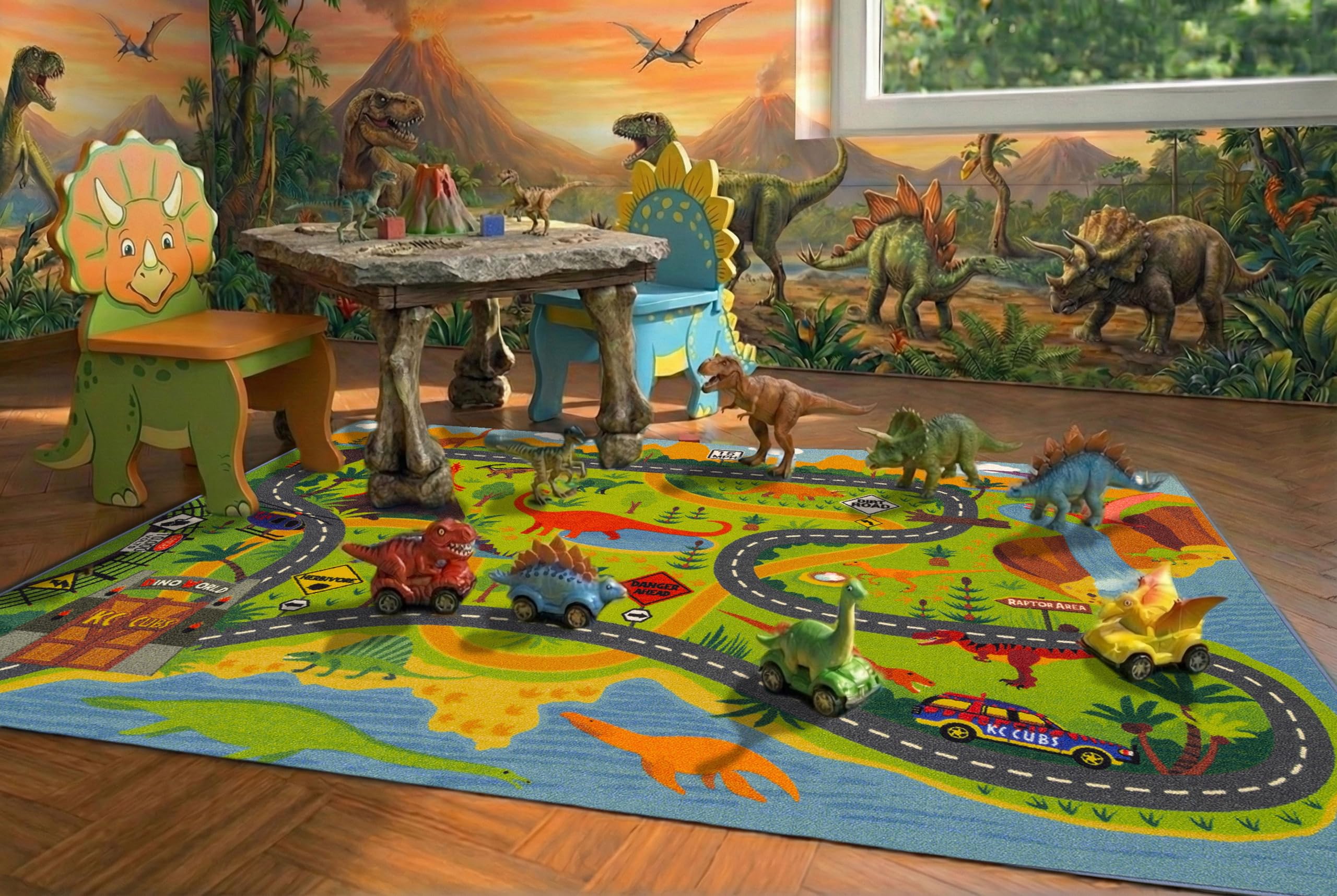 KC Cubs 5x7 Dinosaur Toy Car Dino Road Rug – Educational Play Mat Carpet for Kids, Toddlers, Nursery, Classroom, Playroom, Baby Daycare, Boys & Girls Image