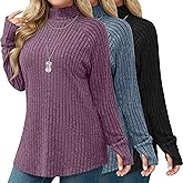 Ficerd 3 Pack Women's Plus Size Turtleneck Sweater Tunics, Long Sleeve Thumbhole Ribbed Tops Curved Hem Loose Pullover Shirts