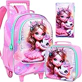 3PCS Rolling Backpack for Girls and Boys, Kids Roller Wheels Bookbag, Wheeled Elementary School Bag with Lunch Bag