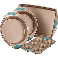 Rachael Ray Cucina Bakeware Set Includes Nonstick Cake Cookie Baking Sheet and Muffin Cupcake Pan, 4 Piece, Latte Brown…