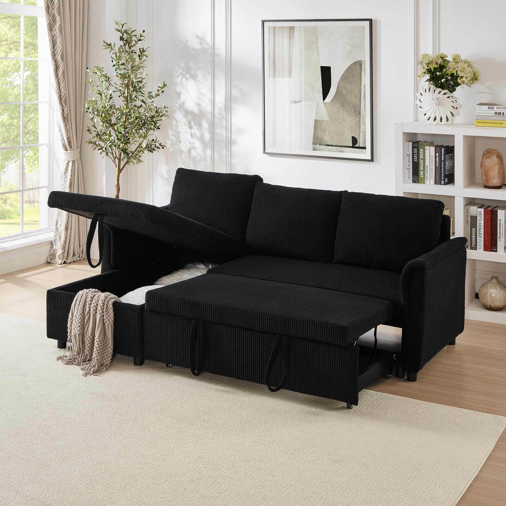 Photo 1 of ***INCOMPLETE***Ball & Cast L-Shape Reversible Sectional Sleeper Sofa Bed 4 in 1 Pull Out Couch with Storage Chaise&Removable Backrest,Convertible Sleeper Corner Couch Pull-Out Sofa Bed for Living Room,Corduroy,Black