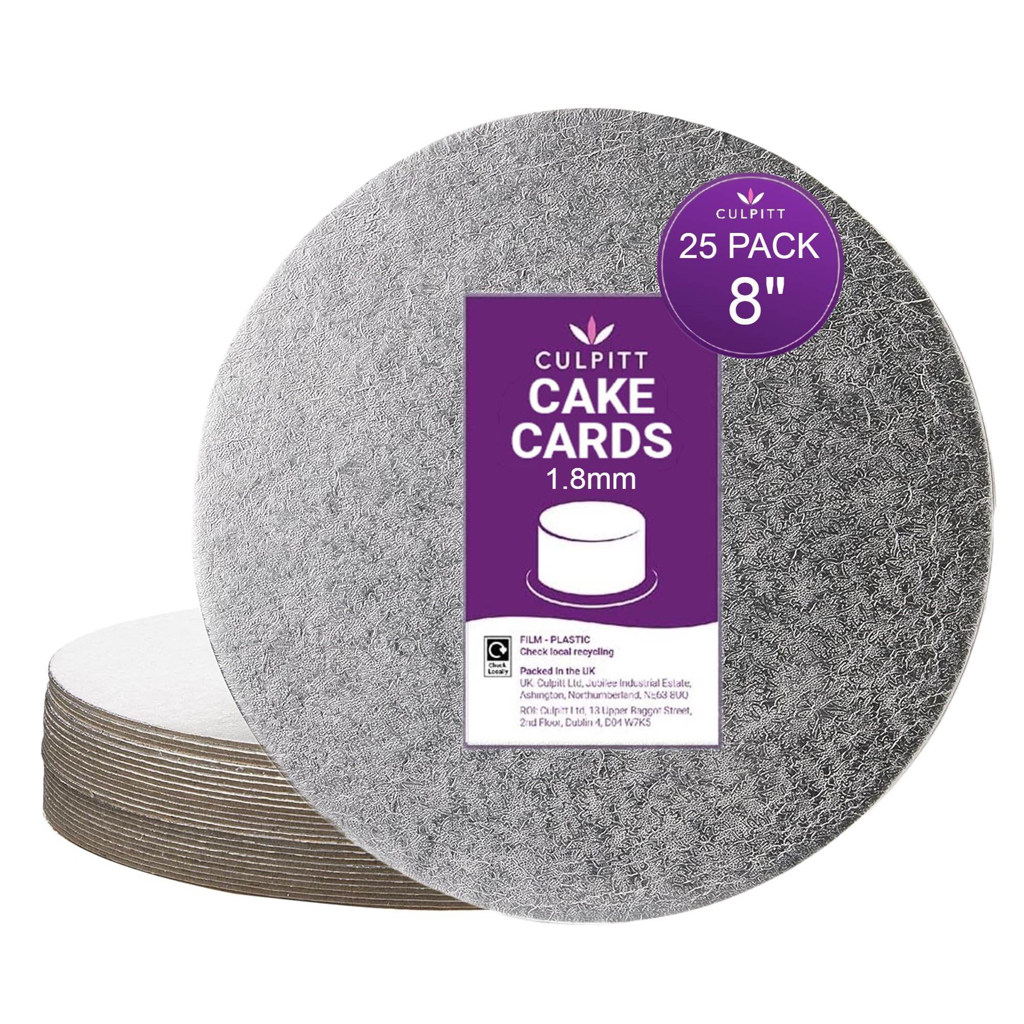 Culpitt 8" Cut-Edge Round Boards, 25 Pack, Cake Decorating Wedding Support Cards 1.8 mm, 8-Inch, Silver - Packs of 25