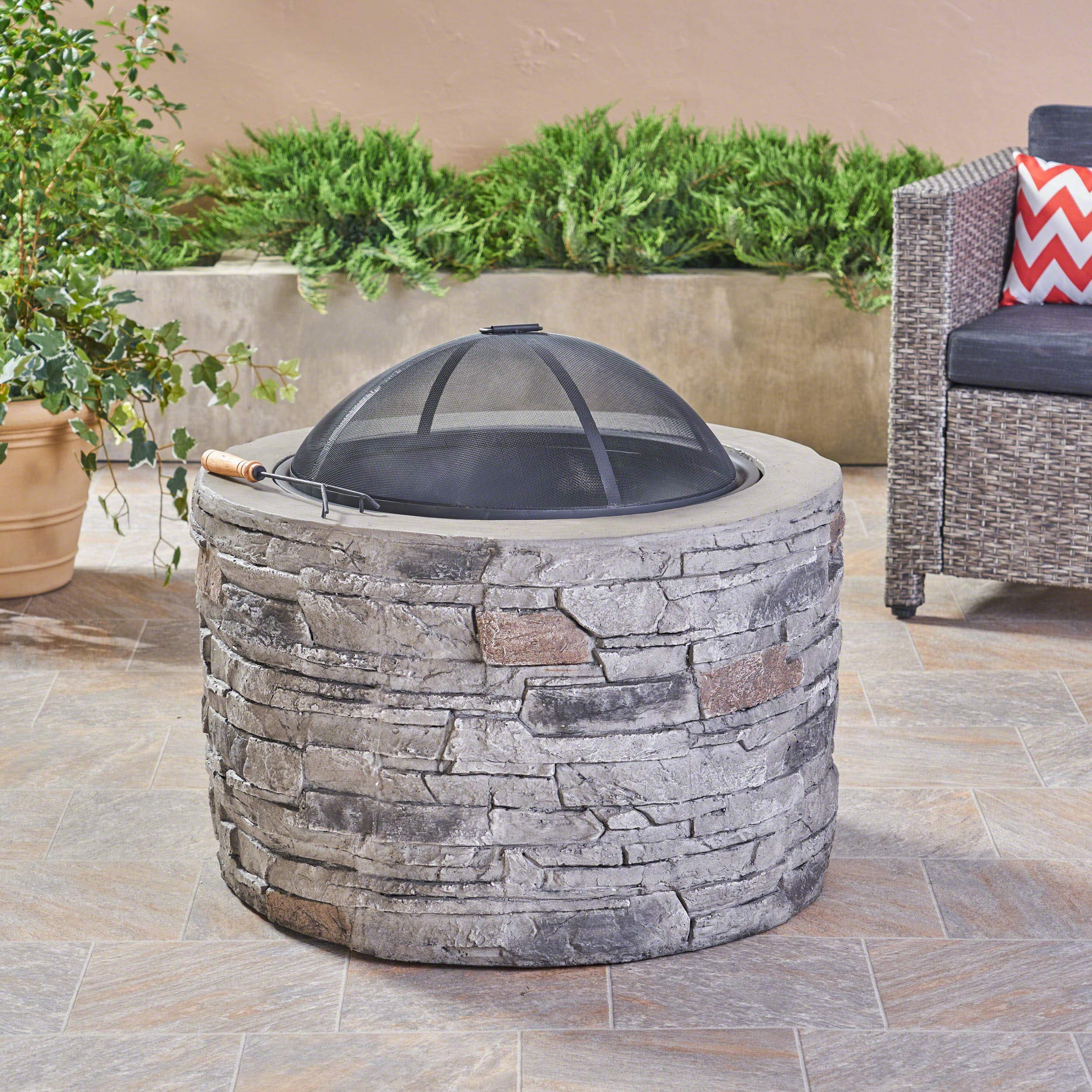 304484 Dione Outdoor 32" Wood Burning Light-Weight Concrete Round Fire Pit, Grey