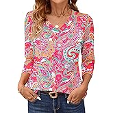 AKEWEI 3/4 Length Sleeve Womens Tops V Neck T Shirts Dressy Casual Pleated Spring Fashion 2026 Work Blouses