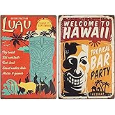 2 PCS Tiki Bar Tin Sign Bar Decorations Outdoor Aloha Hawaii Party Vintage Metal Wall Art for Outdoor Tiki Bars Cafe Background Wall Restaurants Wall Decor 11.8x7.9 Inches