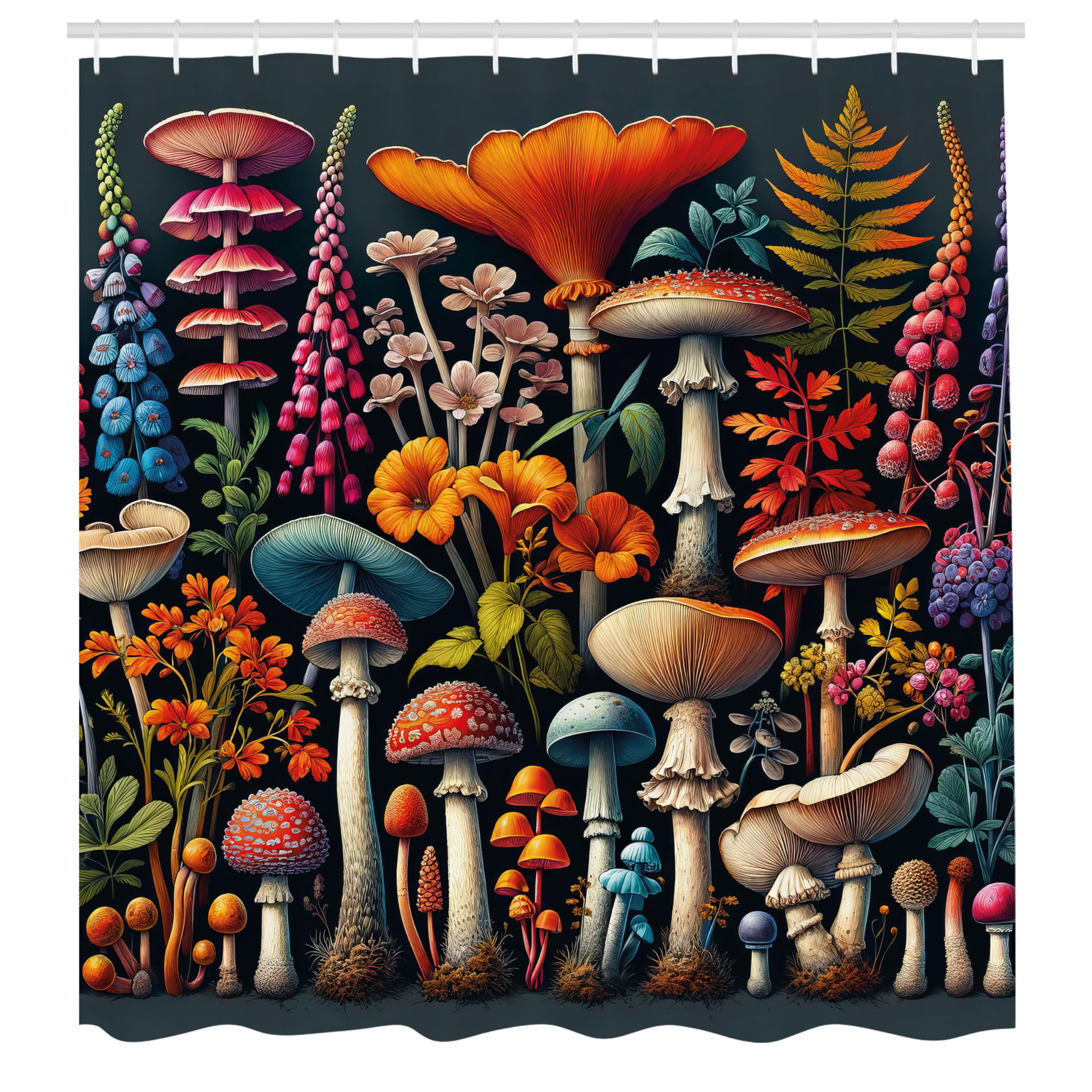 ABAKUHAUS Botanical Shower Curtain, Abstract Mushrooms and Branches Colorful Woodland Life Design, Cloth Fabric Bathroom Decor Set with Hooks, 78" Inches, Dark Blue Grey Multicolor — image 1