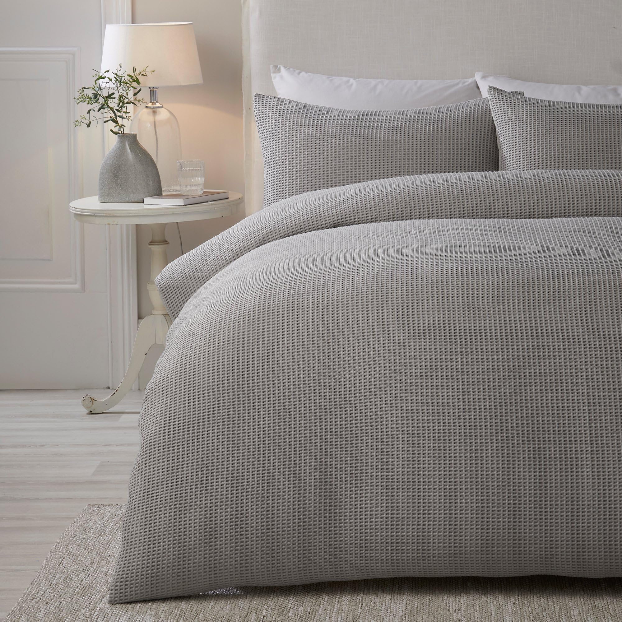Lindly Serene Silver Waffle Duvet Cover - Single Size (140 x 200cm), Soft Touch, Luxury Bedding, Grid Pattern, Square Puckered