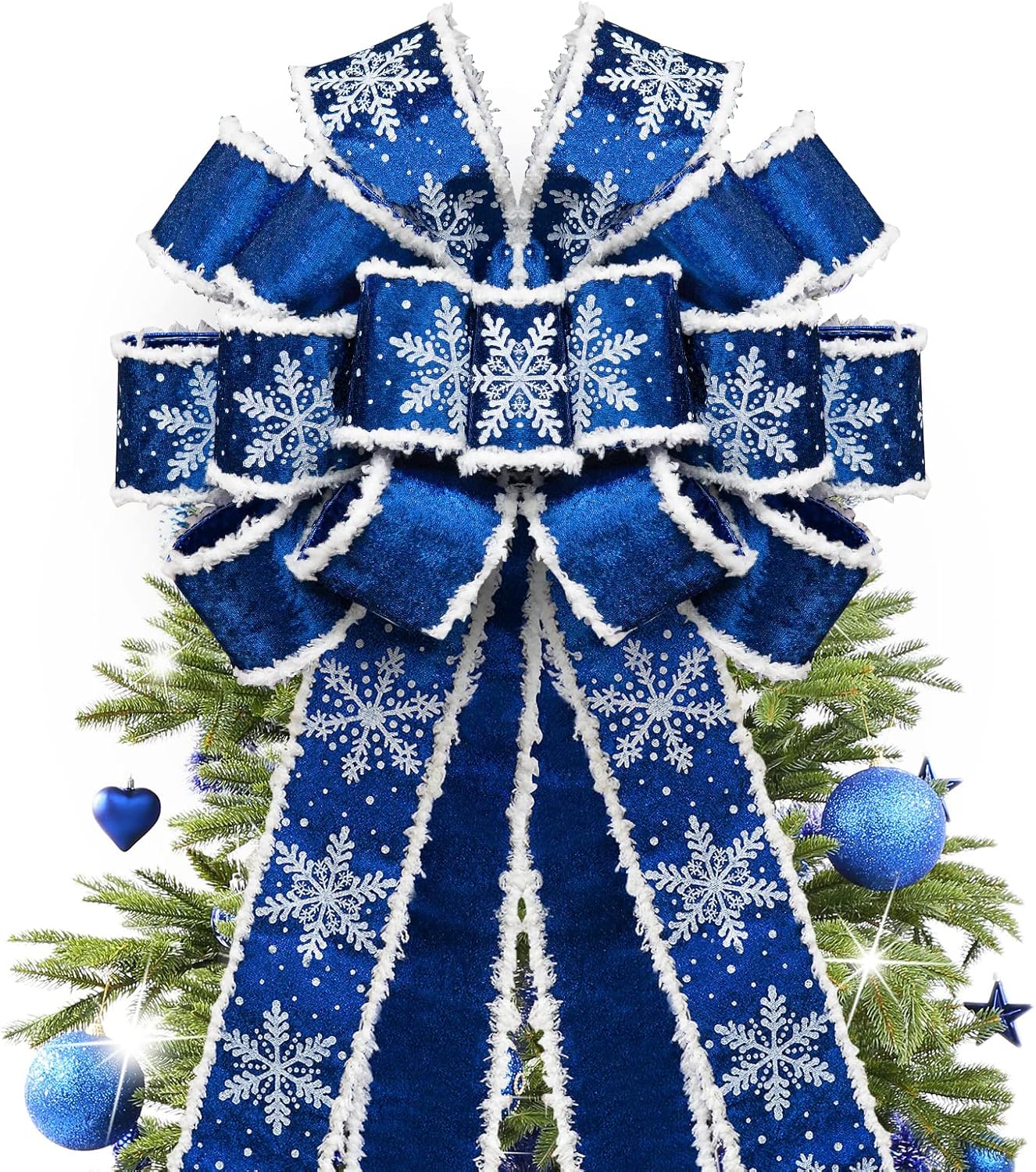 Tree Toppers - GOGOSY Christmas Tree Topper Bow,48''x 13'' Large Velvet Christmas Wreath Bows Xmas Ornaments with Long Wired Edge Ribbon for Farmhouse Thanksgiving,Birthday,Living Room Christmas Decoration(Blue)