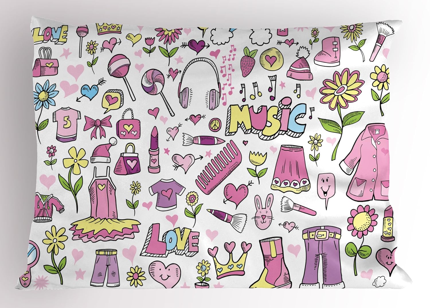 Ambesonne Princess Pillow Sham, Spring Princess Girlie Doodle Style Illustration Clothes Cellphone Makeup, Decorative Standard Queen Size Printed Pillowcase, 30 X 20 Inches, Pink Purple Yellow