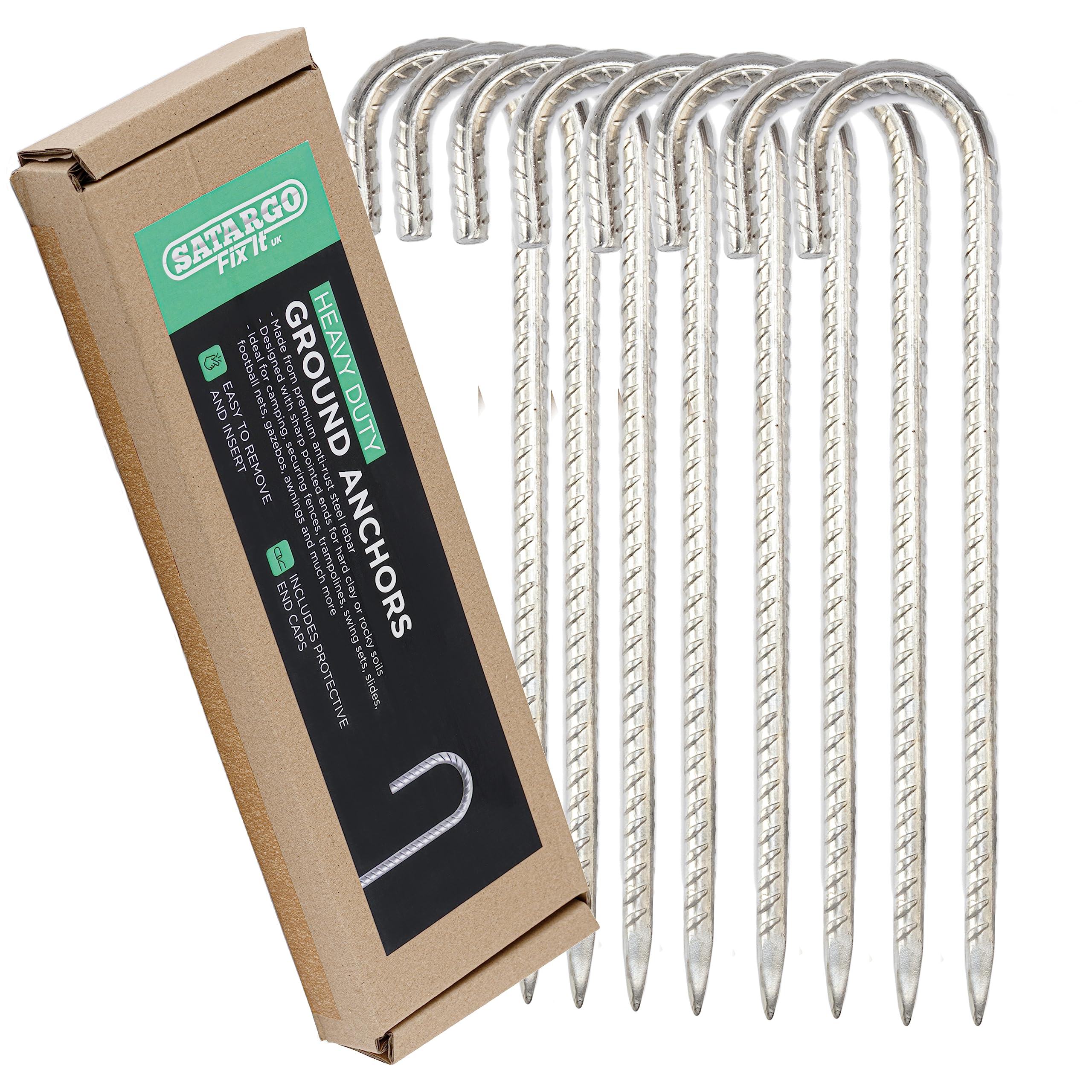 Satargo Heavy Duty Ground Rebar Stakes Garden Staples, Galvanized Steel Tent Nails, J Pegs Gardening Anchors, Landscape Pins for Trampoline, Camping, Canopies, Sheds Ports Swing Sets (8)