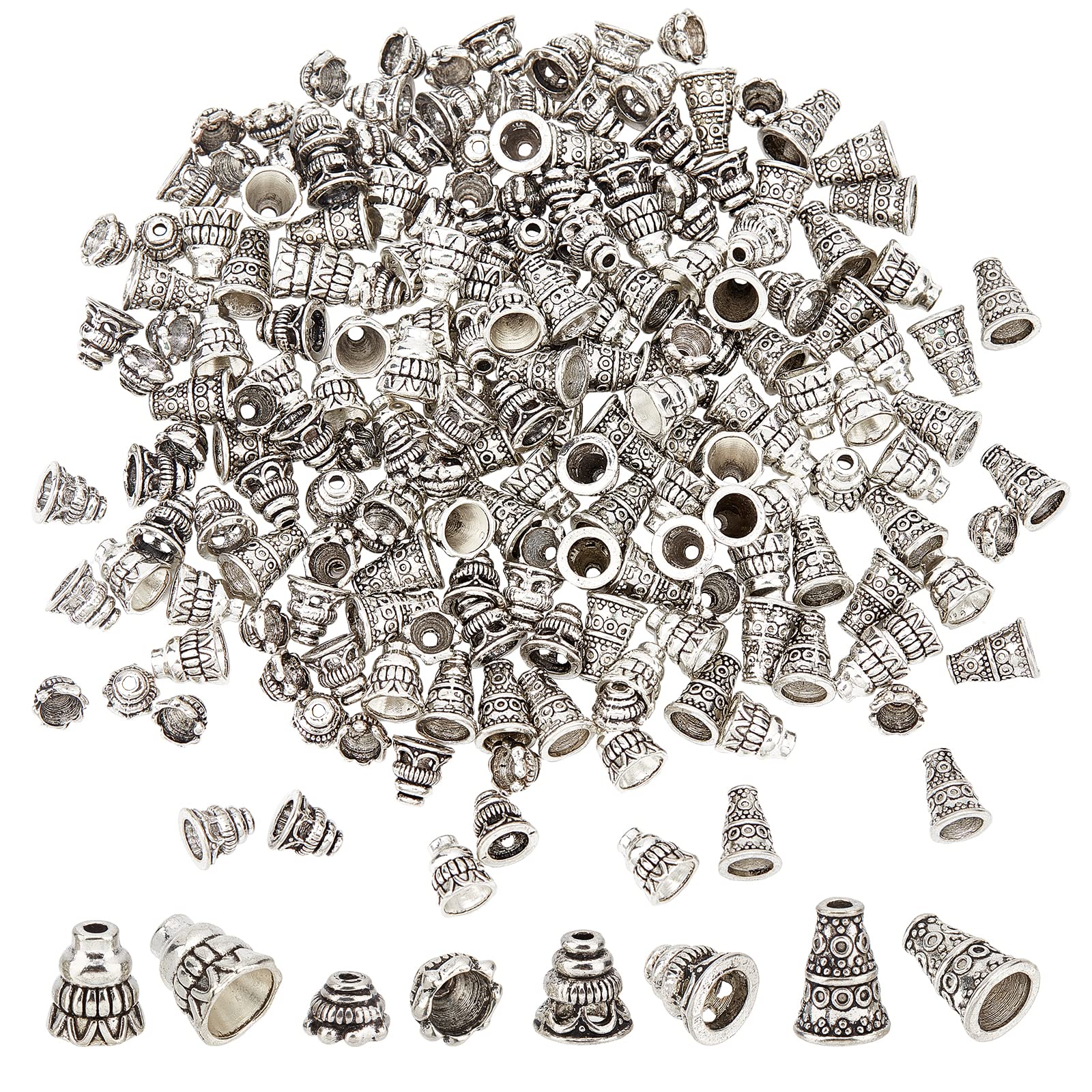 PH PandaHall 200pcs 7.5~10mm Tibetan Style Pagoda Bead Caps Antique Silver Alloy Spacer Beads Charms for Earring Bracelet Pendant Making