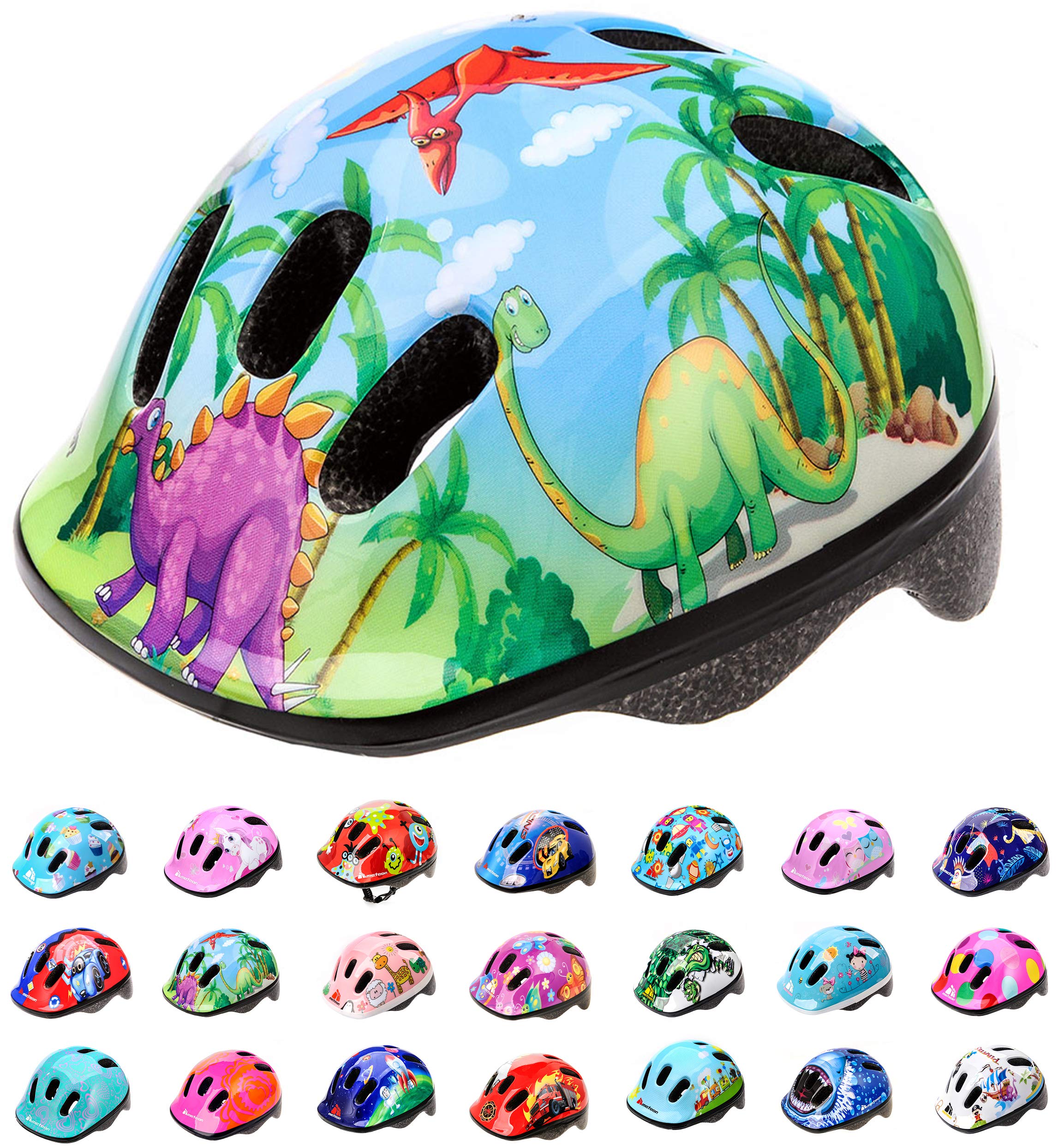 Meteor Kids Bike Helmet Dinosaur S 48-52 cm, Toddler & Child Cycling Helmet, Lightweight Adjustable Scooter & Skate Helmet with Airflow Vents, Washable Padding, Safety Head Protection