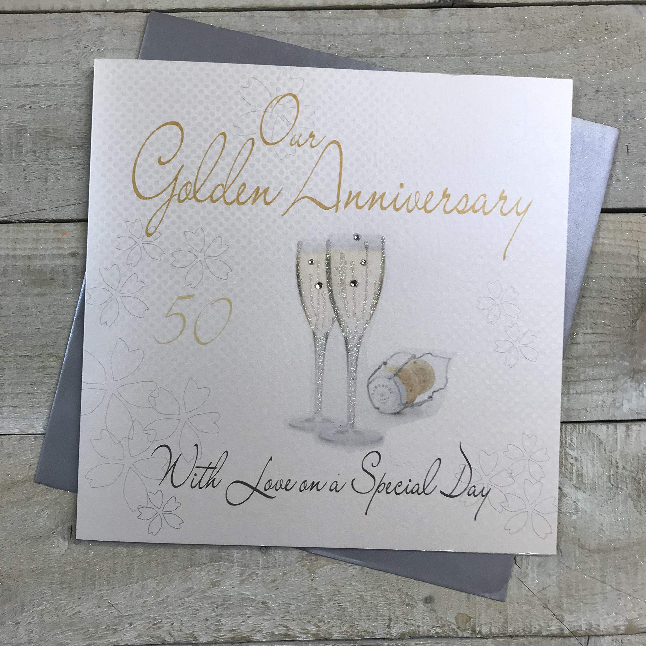 white cotton cards On Our Golden Anniversary, Handmade Large 50th Golden Anniversary Card Champagne Glasses, XLWA50R