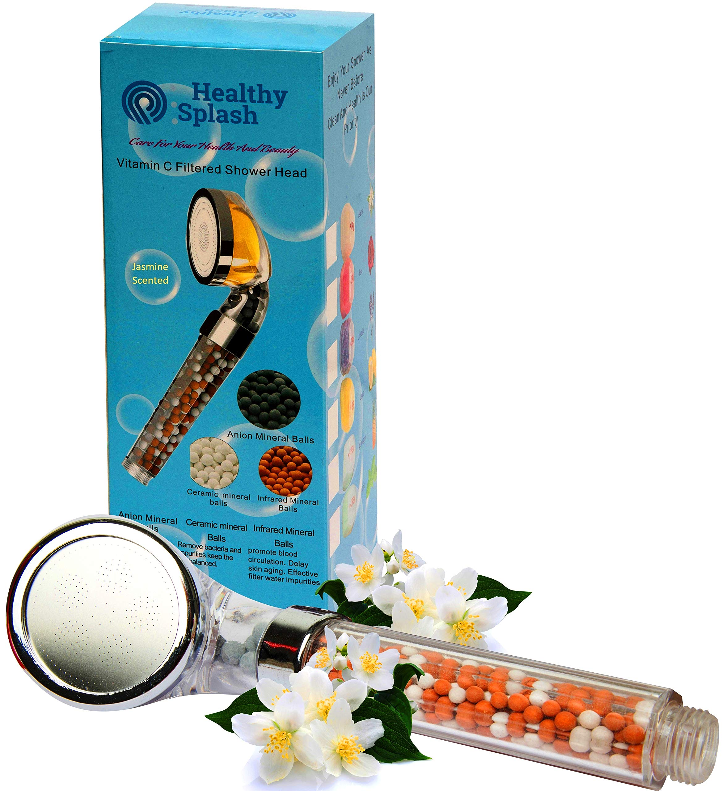 Healthy Splash, Jasmine Scented Vitamin C Filtered Hand Shower Head, Fluoride & Chlorine Shower Filter, Softens Hard Water, Increases Water Pressure While Saving Water, Easy Installation