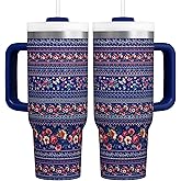 30 Oz Pioneer Woman Stainless Steel Tumbler with Lid and Straw - Pioneer Flower Coffee Cups with Handle - Pioneer Woman Coffee Mugs Gifts for Women - Blue