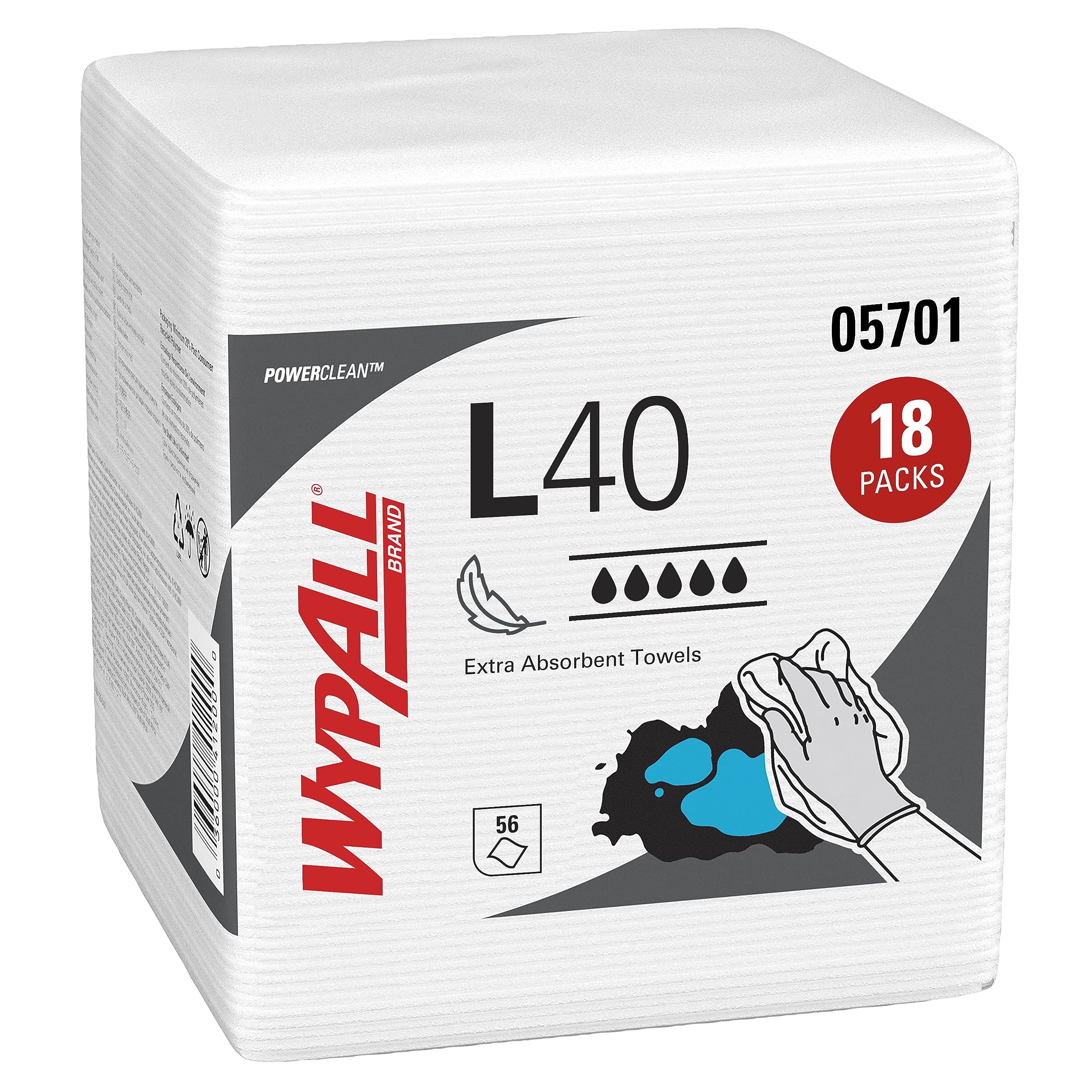 Wypall PowerClean L40 Cloths Extra Absorbent Wipes (05701), Quarterfold, Bulk Paper Wipers, White (18 Packs of 56 Sheets, 1,008 Sheet Total)