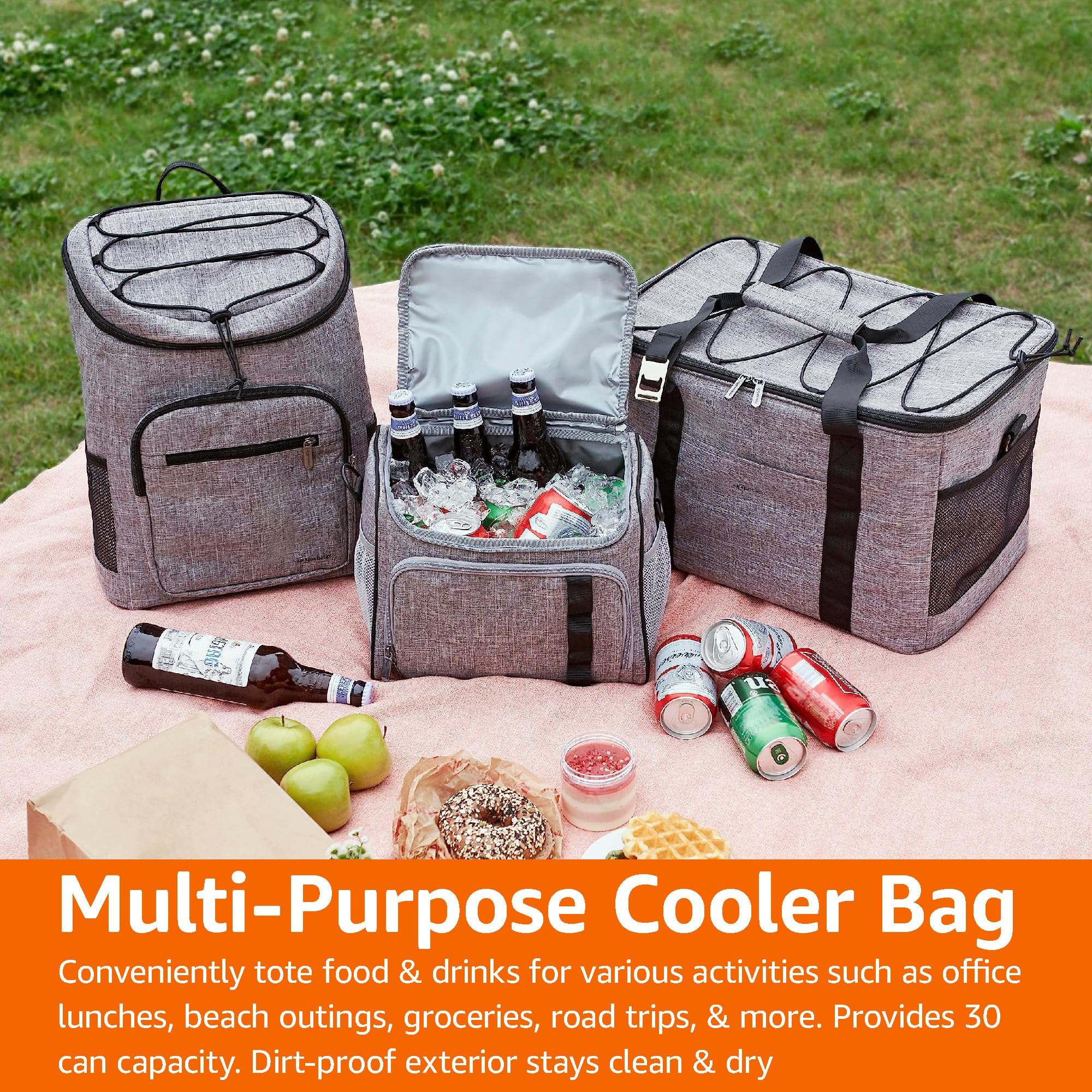 Amazon Basics Insulated Cooler Backpack, 30 Can Capacity, Leak-Proof Design, Gray