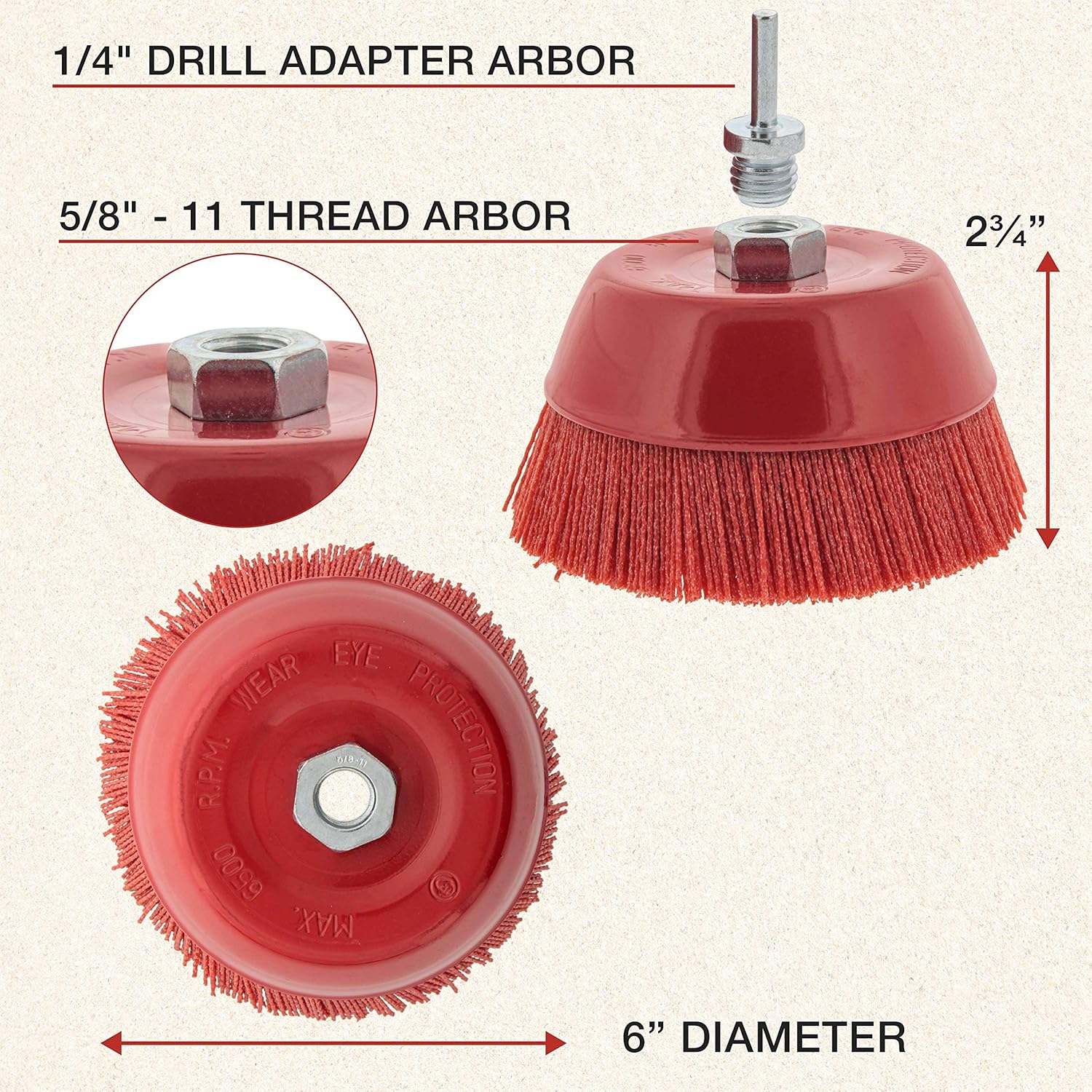 Dura-Gold 6" Abrasive Filament Nylon Bristle Cup Brush - Coarse Sanding Scuffing Brush, 5/8" 11 Thread, 1/4" Drill Arbor - Remove Rust, Corrosion, Paint - Surface Prepping for Truck Bed Liner Coatings: Industrial & Scientific