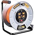 Masterplug Metal Steel Drum with Four Powered Outlets, Open Cord Reel Extension Cord with Winding Handle, Overload Circuit Breaker and Power Switch, 75 Feet 12AWG, High Visibility Cord
