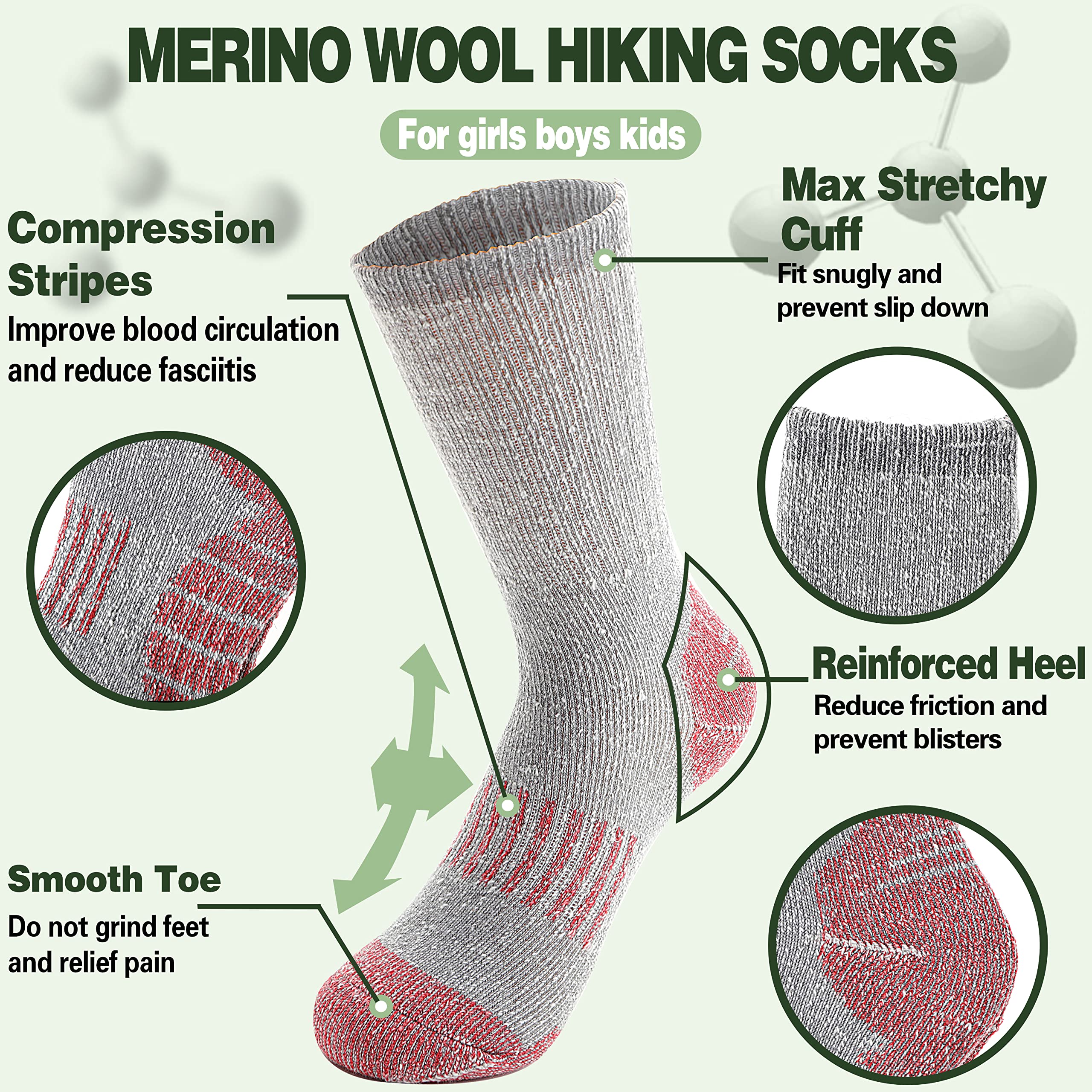 Sandsuced Kids Merino Wool Hiking Socks Girls Boys Toddler Winter Thermal Warm Cozy Boot Thick Cushion Socks 4 Pairs