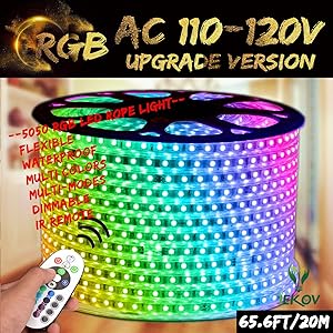 RGB LED Strip Light, IEKOV™ AC 110-120V Flexible/Waterproof/Multi Colors/Multi-Modes Function/Dimmable SMD5050 LED Rope Light with Remote for Home/Office/Building Decoration (65.6ft/20m)