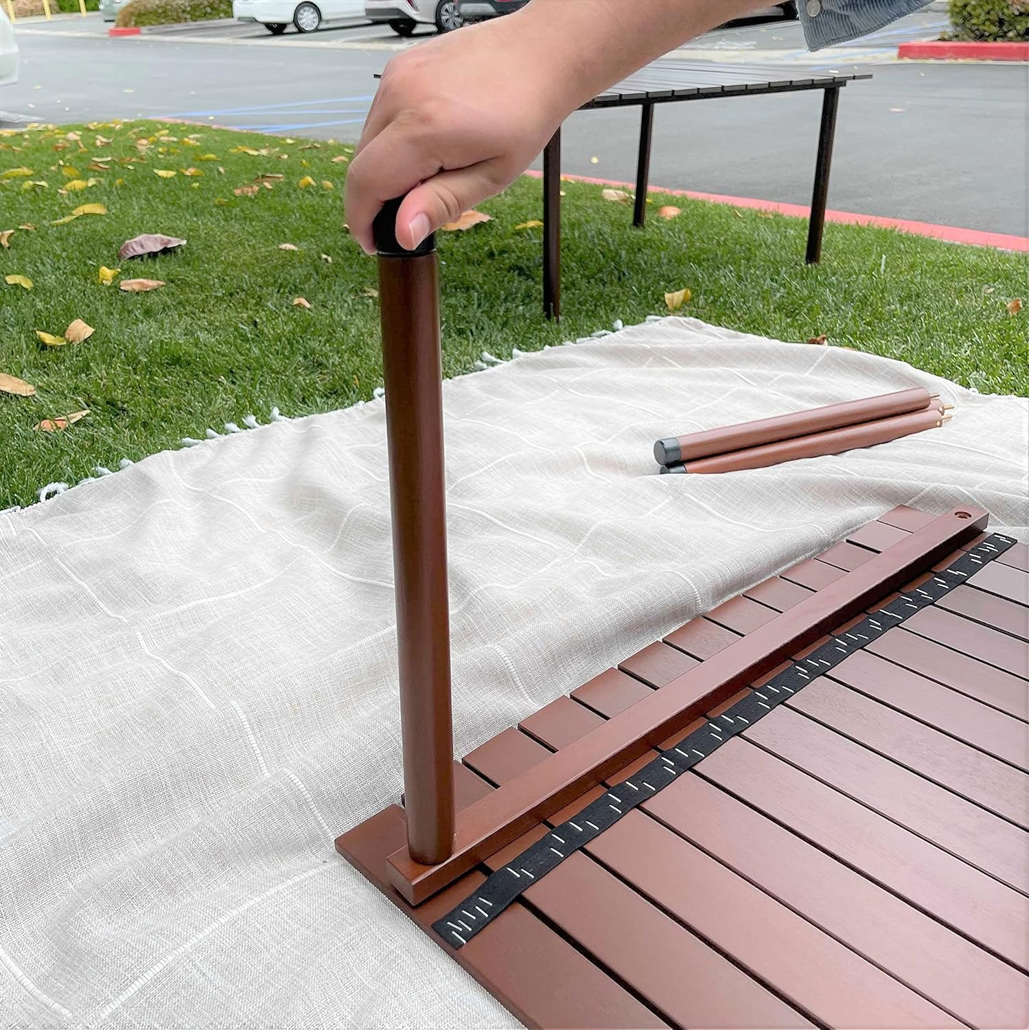 Formosa Covers Portable Wood Roll Up Table for Picnics, Camping, Beach, Parties, Charcuterie, Travel, Tailgate, Outdoor Events with Black Carrying Bag Size 26" Lx26 Wx16 H (Dark Teak Finish): Kitchen & Dining