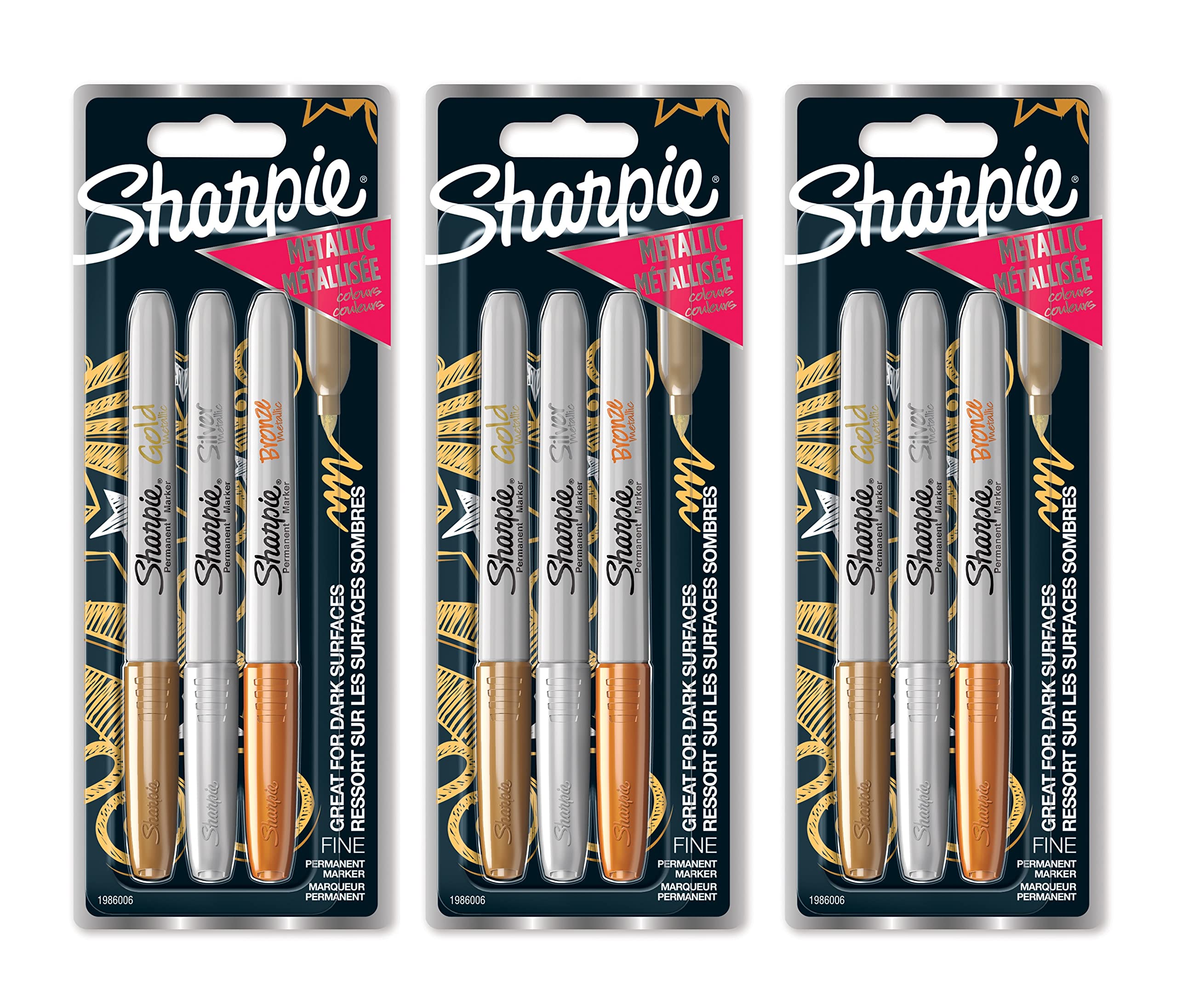 Sharpie Metallic Permanent Markers - Fine Point - Pack of 9 - Assorted Metallic Colours - Gold, Silver, Bronze