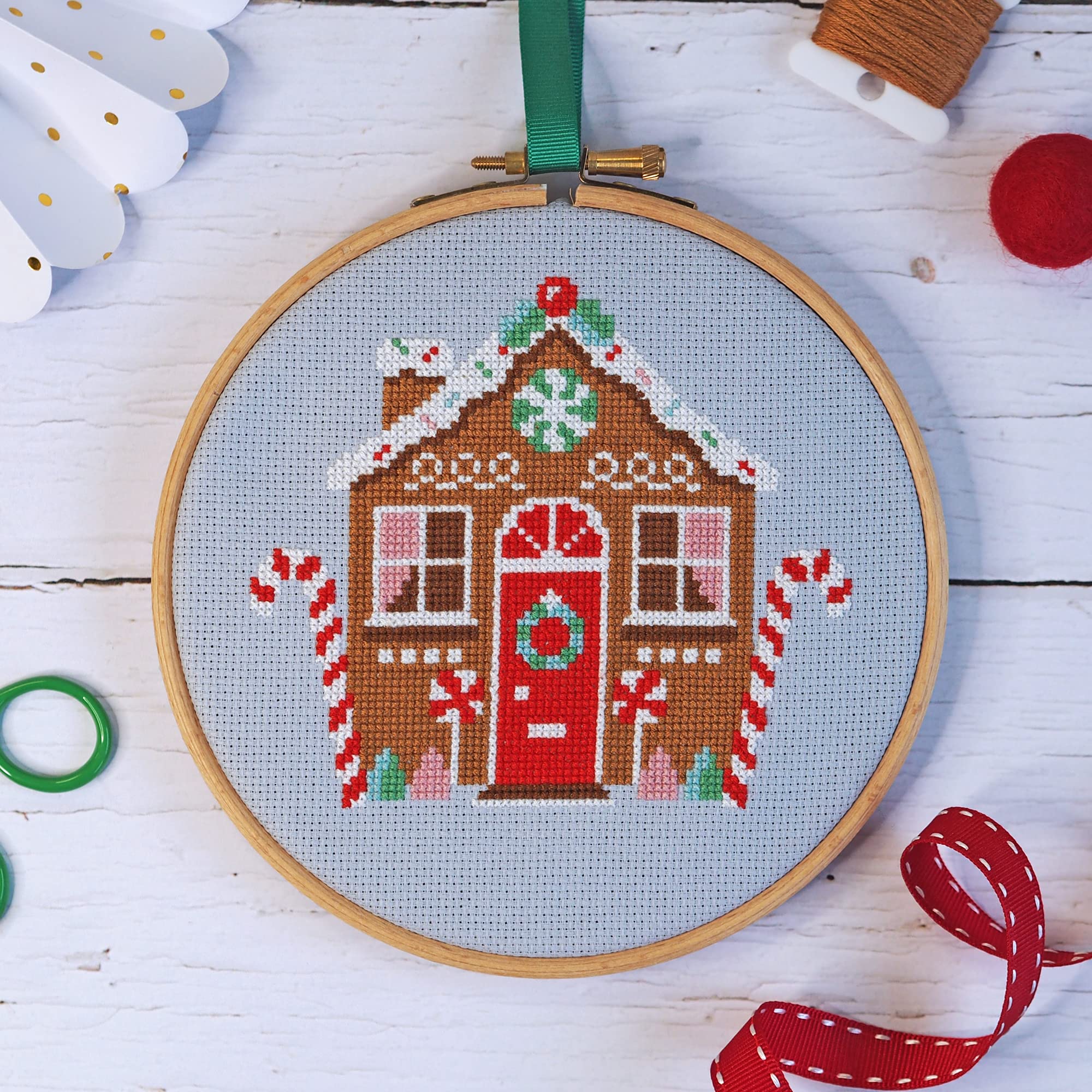 Cross Stitch Kit - Gingerbread Cottagewith Candy Canes for Beginners Christmas Modern Kit Includes DMC Threads and Zweigart Fabric
