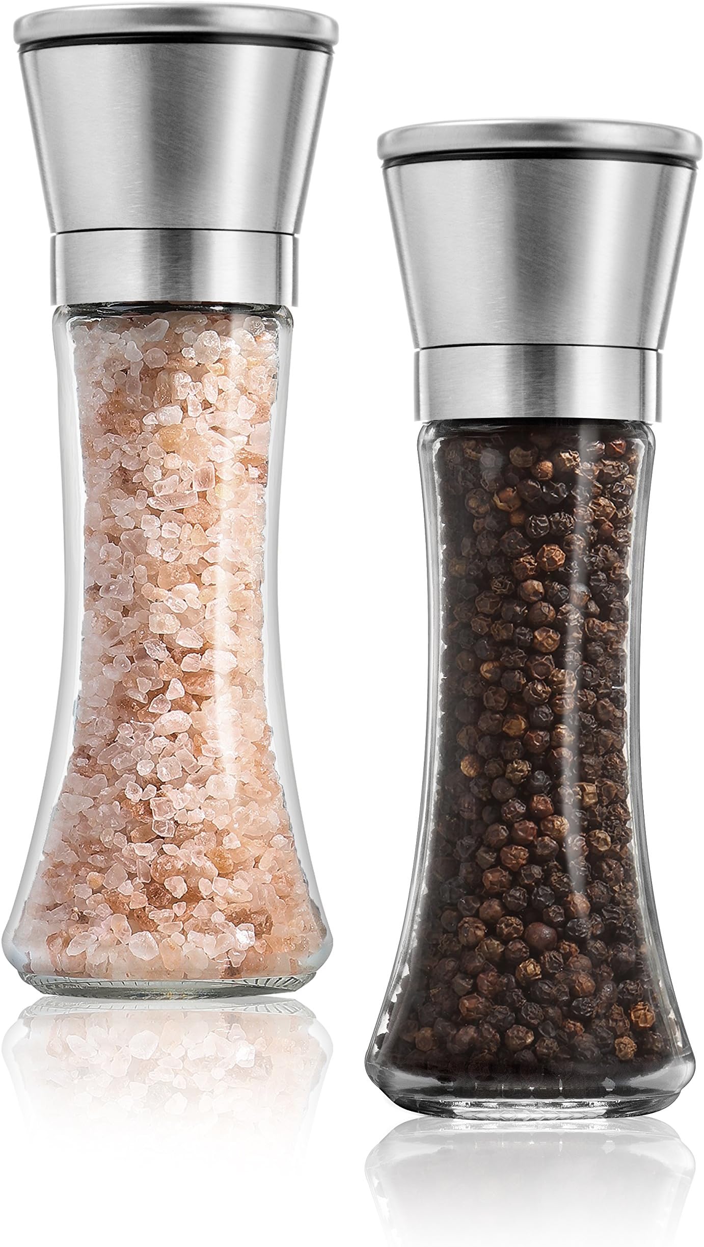KitchenGrip Salt and Pepper Grinder Set Of 2 - Stainless Steel Top, 6 Oz Glass Tall Body - Salt and Pepper Mill For Fine and Coarse Grinding, 5 Grade Adjustable Ceramic Rotor, Salt and Pepper Shakers