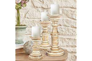 HOMEBIA DESIGNS Candle Holder Stand Wooden, Pillar Candle Holders, Unity Candle Holders, Rounded Turned Colums, Country Style Ideal for Gift, Wedding, Christmas, Party, Home,Spa - 10,8,6 Inch- Set of 3, White Wash