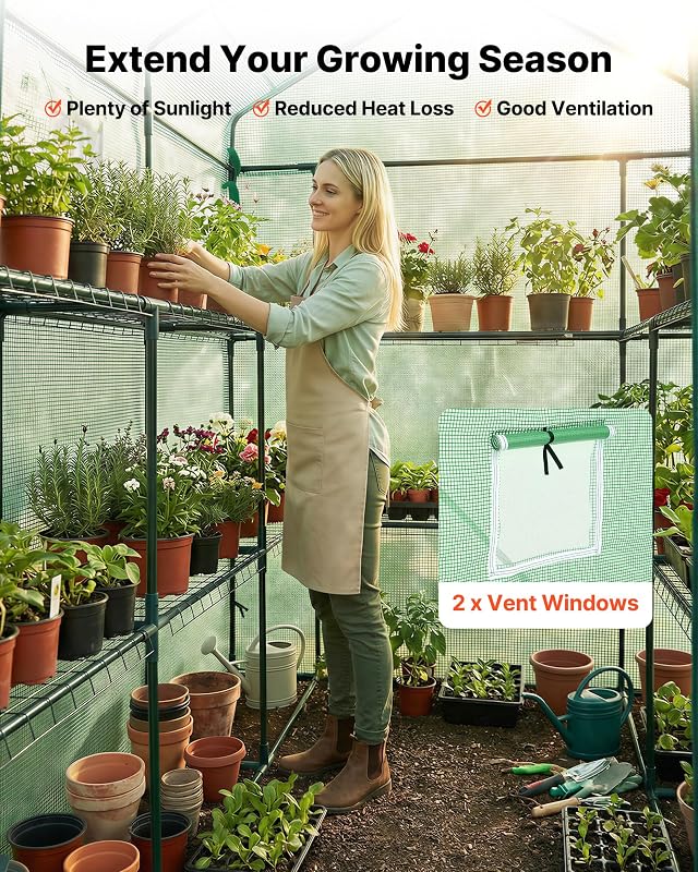 Estufa exterior 137 x 206 x 196 cm, Estufa de jardim com porta enrolável e 2 janelas, prateleiras de 3 níveis, cobertura de PE, viveiro doméstico para plantas, legumes flores, verde