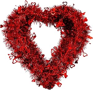4E's Novelty Valentine's Day Wreath for Front Door, Tinsel Heart Shaped Wreath Hanging Wall Decorations - 14 Inches, Valentines Outdoor Décor