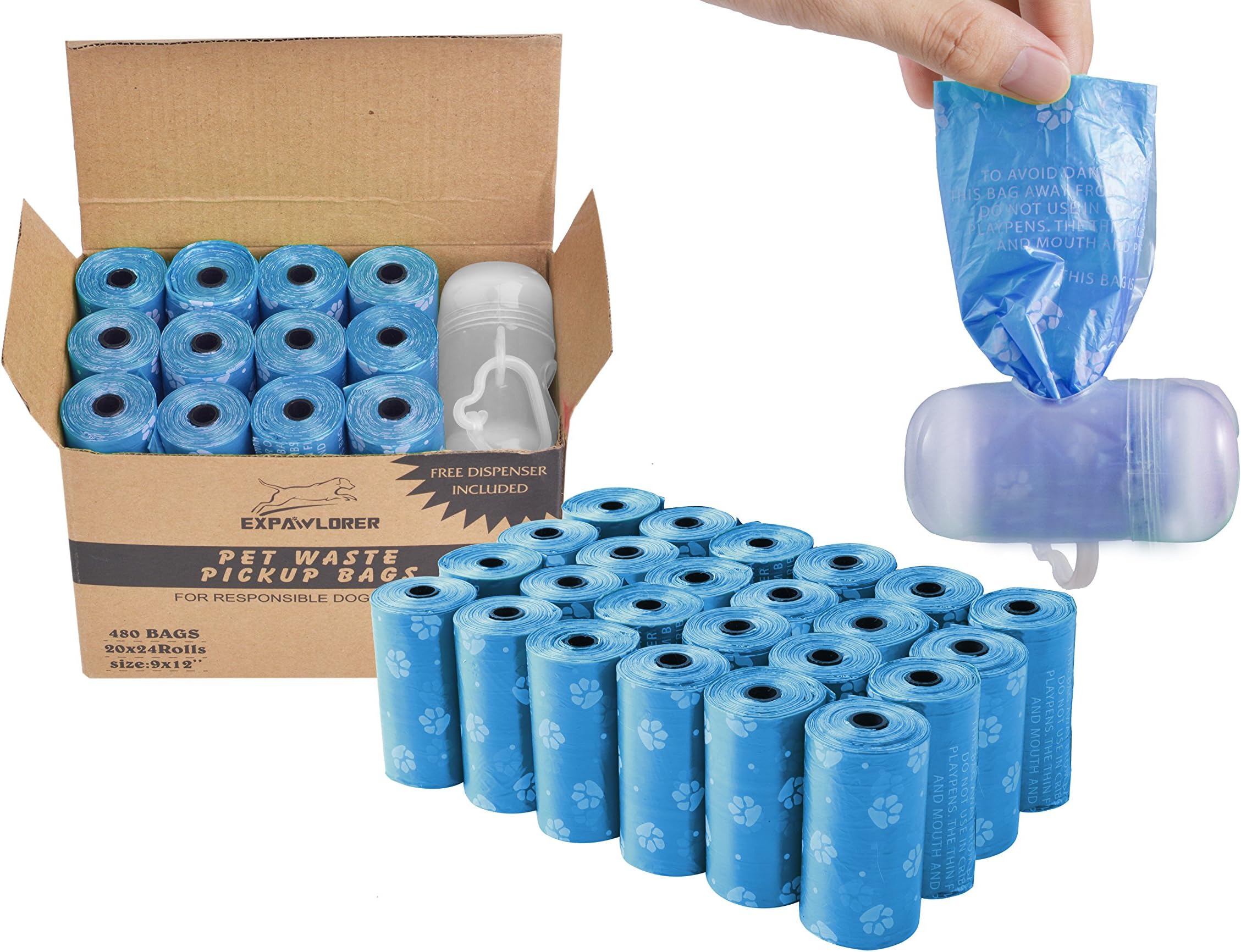 EXPAWLORER Blue Dog Poop Bags Degradable Leak-Proof Pet Waste Bag includes Dispenser 24 Rolls/480 Count