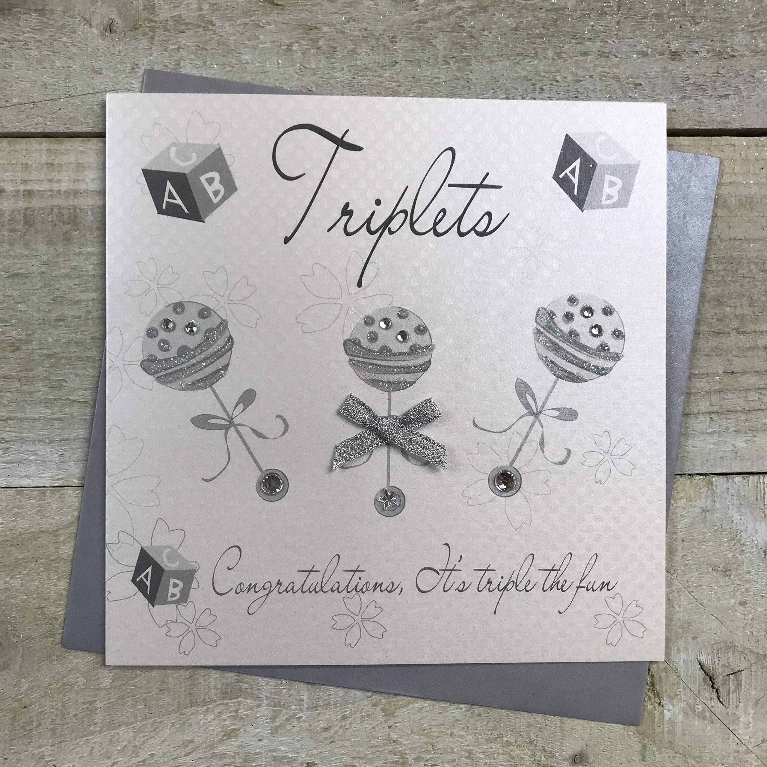 WHITE COTTON CARDS Silver Rattles Triplets Congratulations It's Triple The Fun Handmade New Baby Card, White, DM4,16cm x 16cm