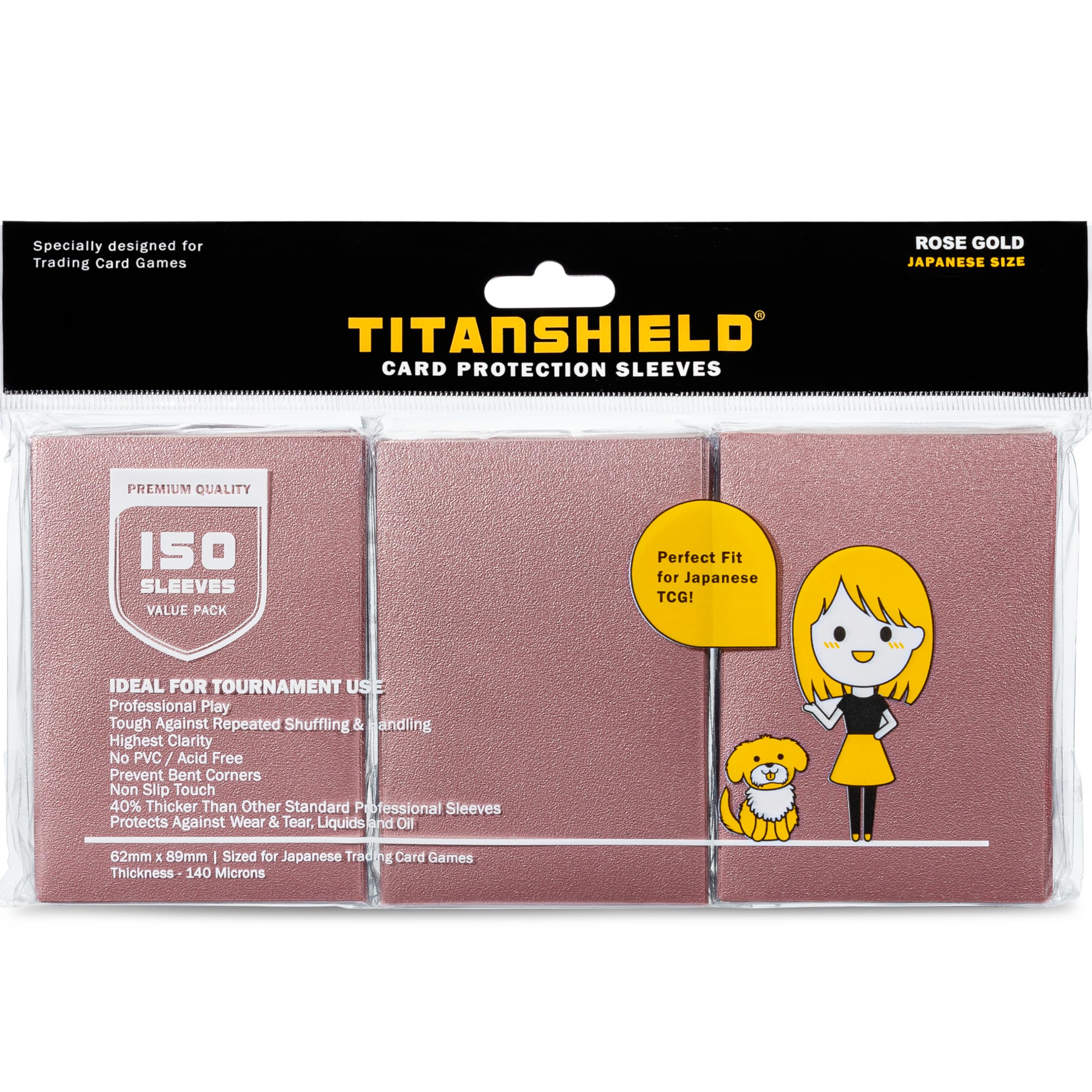 TitanShield 150 Rose Gold Small Japanese Sized Trading Card Sleeves Deck Protector for Yu-Gi-Oh, Cardfight!! Vanguard & More