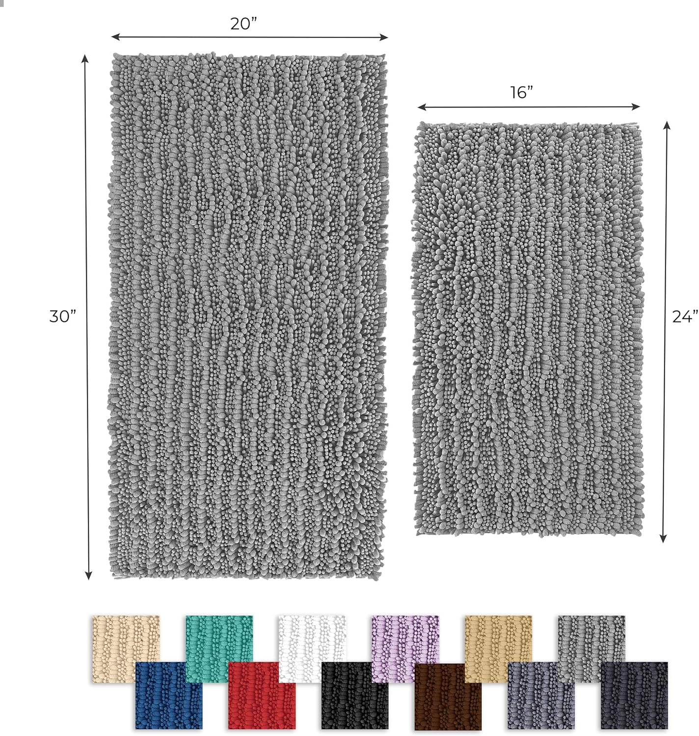 Zebrux Non Slip Thick Shaggy Chenille Bathroom Rugs, Bath Mats for Bathroom Extra Soft and Absorbent - Striped Bath Rugs Set for Indoor/Kitchen (20 x 30 + 15 x 23'', Light Grey): Kitchen & Dining