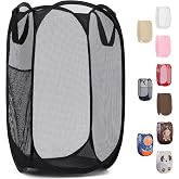 Handy Laundry Collapsible Mesh Pop-Up Hamper with Side Pocket | Breathable mesh keeps clothes fresh; sturdy foldable build saves space. Wide opening makes loading easy. Available in black.