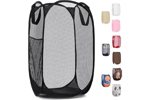 Handy Laundry Collapsible Mesh Pop Up Hamper with Wide Opening and Side Pocket - Breathable, Sturdy, Foldable, and Space-Saving Design for Clothes and Storage (Black)